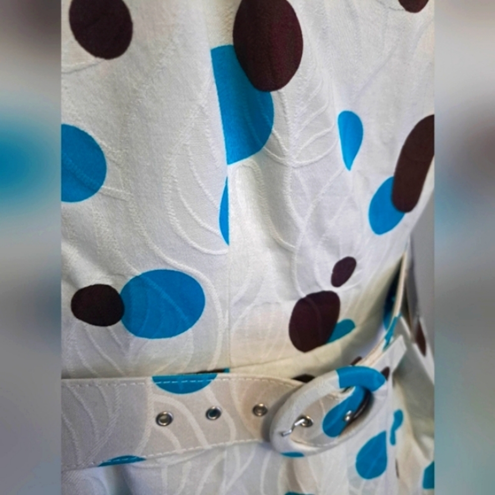 Muse White Dress Turquoise Brown Polka Dots Matching Belt Size 6 - Picture 3 of 8